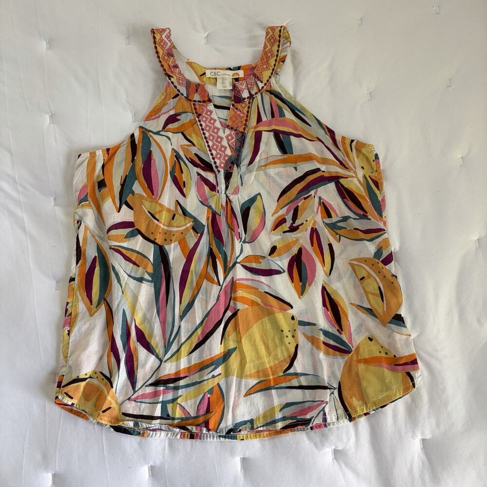C&C California Sleeveless Blouse Colorful Lemon Print 100% Cotton Size S, summer